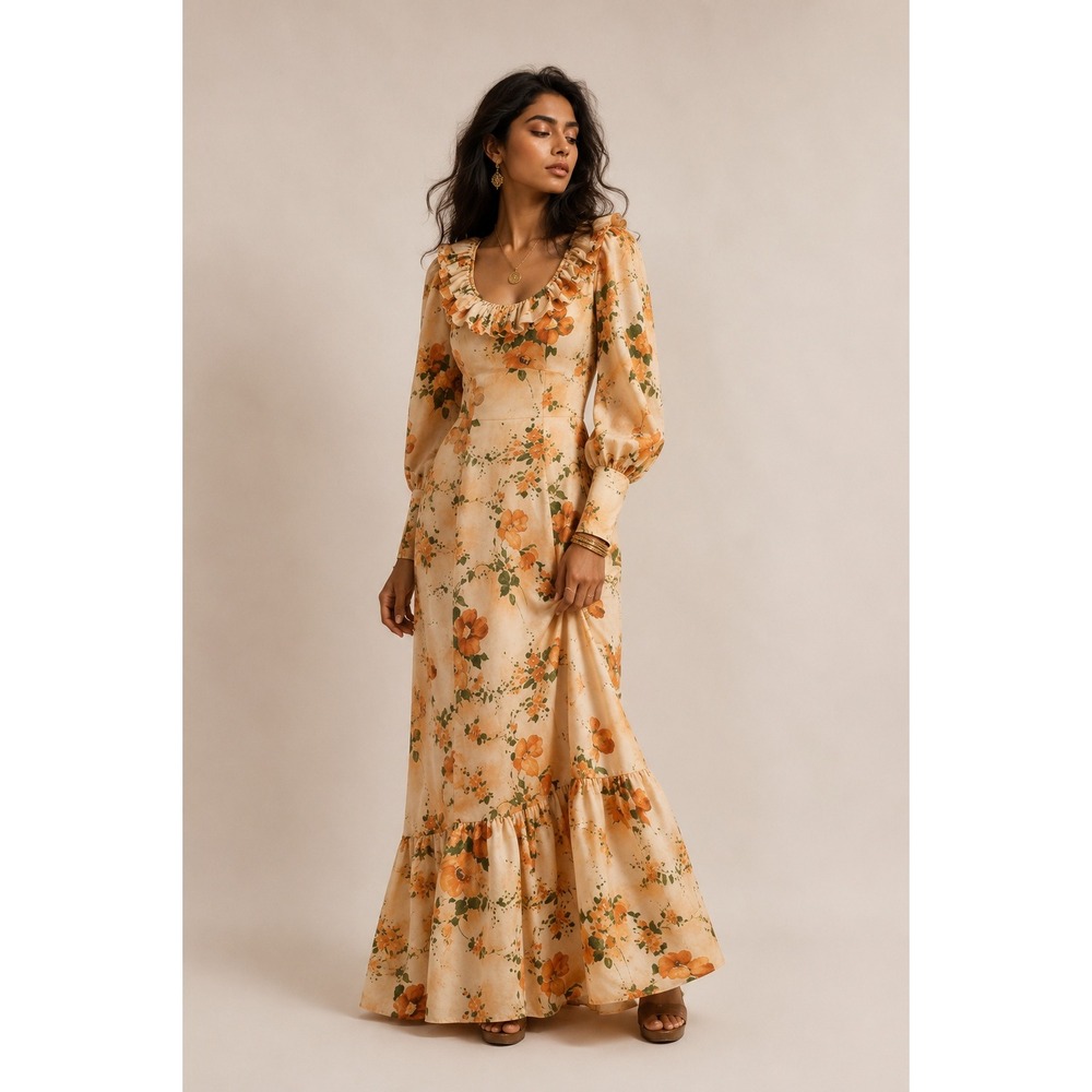 Vintage 70s does Victorian Orange Floral Maxi Dress Small